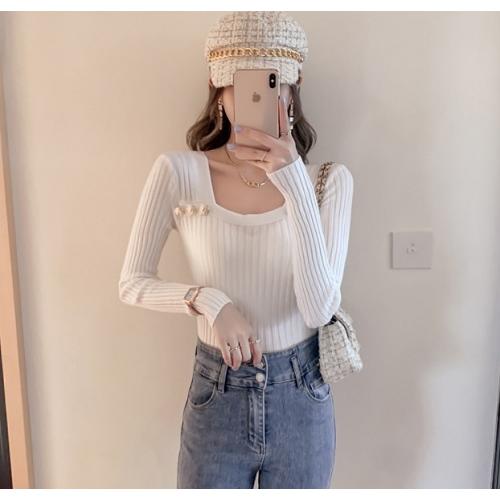 春秋　レディース　リブニット　トップス　スリムフィット　シャツ　ブラウス　3色展開　フリーサイズ　金ボタンデザイン |  | 05