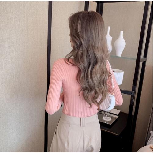 春秋　レディース　リブニット　トップス　スリムフィット　シャツ　ブラウス　3色展開　フリーサイズ　金ボタンデザイン |  | 06