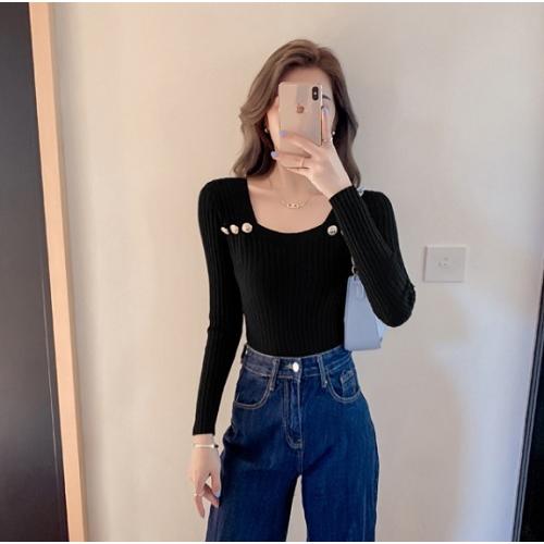 春秋　レディース　リブニット　トップス　スリムフィット　シャツ　ブラウス　3色展開　フリーサイズ　金ボタンデザイン |  | 08