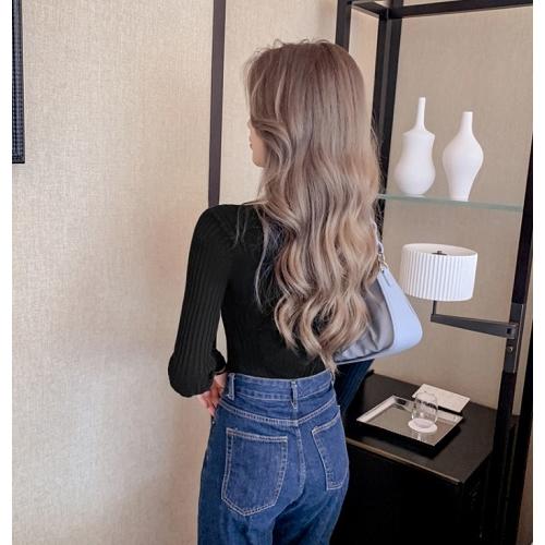 春秋　レディース　リブニット　トップス　スリムフィット　シャツ　ブラウス　3色展開　フリーサイズ　金ボタンデザイン |  | 09