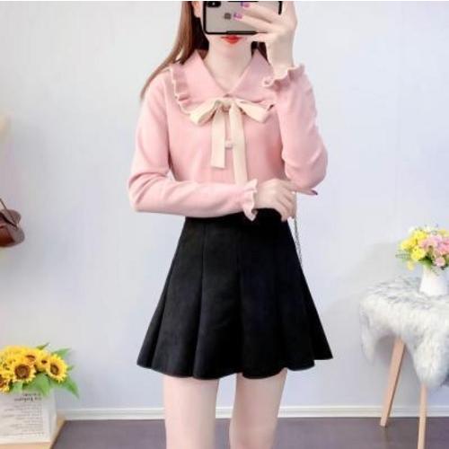 大きなリボン付き　長袖　トップス　襟付き　フリル　可愛い　３色展開　レディース　春ファッション |  | 02