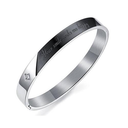 【D-J0002】刻印入り「Your smile make me happy」 Czダイヤモンド 入り サージカルステンレス ペア バングル カップル ブレスレット レディース メンズ |  | 01