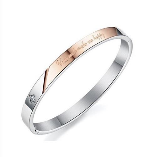 【D-J0002】刻印入り「Your smile make me happy」 Czダイヤモンド 入り サージカルステンレス ペア バングル カップル ブレスレット レディース メンズ |  | 02