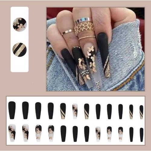 chip-007 ネイルチップ　スーパーロング　ブラック　ゴールド　フラワー　ラメ　付け爪　ラインストーン　結婚式　成人式 |  | 01