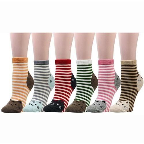 猫柄 レディースソックス かわいい 靴下 カラフル ファッション 靴下セット ガールズ 6足セット カジュアルな レディース靴下 ボーダー柄 (6足組) | 