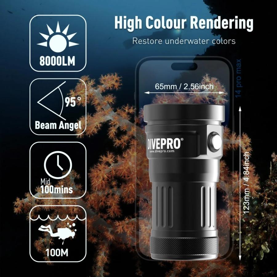 DIVEPRO ダイブプロ [Master] マスター 8000ルーメン ビデオライト 国内正規品 水中LEDライト ワイド 水中照射角：95° 100m防水 5000K 充電式 ボタンスイッチ_2
