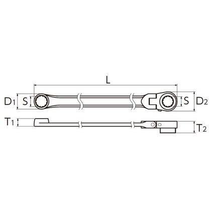 エスコ 14mm首振型超ロングラチェットめがねレンチ S:14mm、D1:22mm、D2:26.5mm、T1:11mm、T2:15.4mm、L:395｜diy-tool｜02