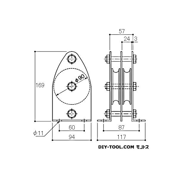 AIOULE　固定ブロック　タテ型2車90mm(幅広タイプ)　使用ロープ径:〜16mm　KW90-3　1個