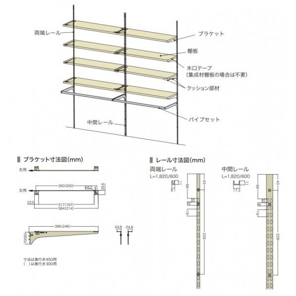 一面レール棚SE基本セット(集成材棚板) ペール 奥行き300mm 【開封】 CNA-FR322WP7