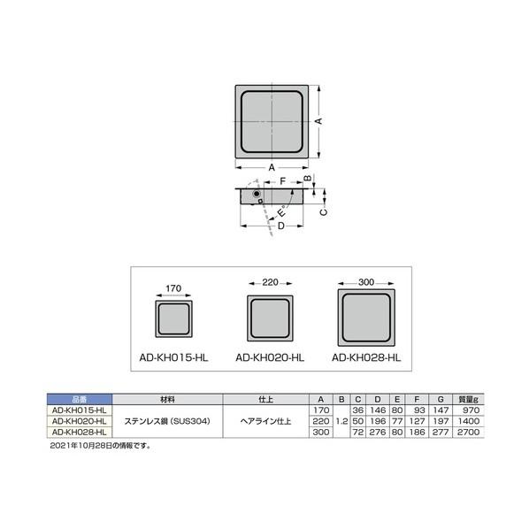 スガツネ 210037894 AD-KH028-HL/ステンレス鋼製 ダンパー付屑入投入口 角型 AD-KH028-HL 1点の画像