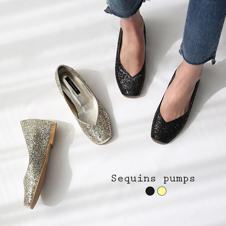 フラットパンプス ぺたんこシューズ おしゃれ 韓国ファッション パンプス スパンコールパンプス フラットシューズ バレエシューズ スクエアトゥ フラット ぺたんこ スパンコール ビジュー ブラック ゴールド 韓国 ファッション Www Hbt Gob Pe