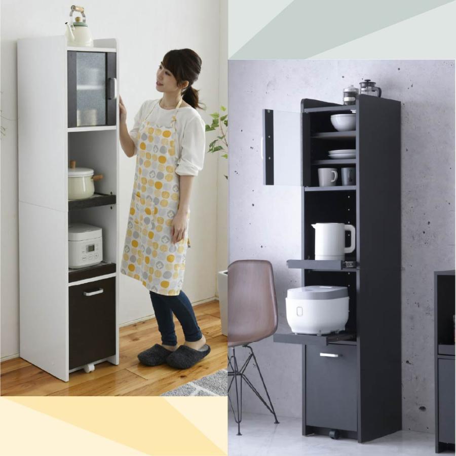 キッチン 隙間収納 ミドルタイプ 幅32.5 高さ161 ガラス扉 スライド棚2枚 コンセント付き トースターラック 小さい 食器棚 ミニ 黒 白 ホワイト_6