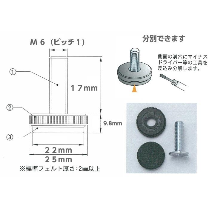 メール便可 フェルトアジャスター Ｍ６×１７ｍｍ 黒 ＤＩＹ 脚金具 テーブル脚 高さ調整｜diypartner｜04