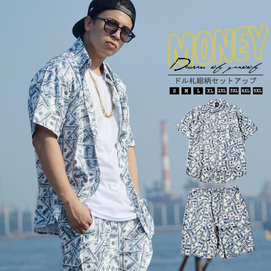 セットアップ メンズ 夏服 半袖 ハーフパンツ 上下セット 90年代 Hiphop ドル札総柄デザイン 白 シャツ 大きいサイズ ブランド 2周年記念イベントが