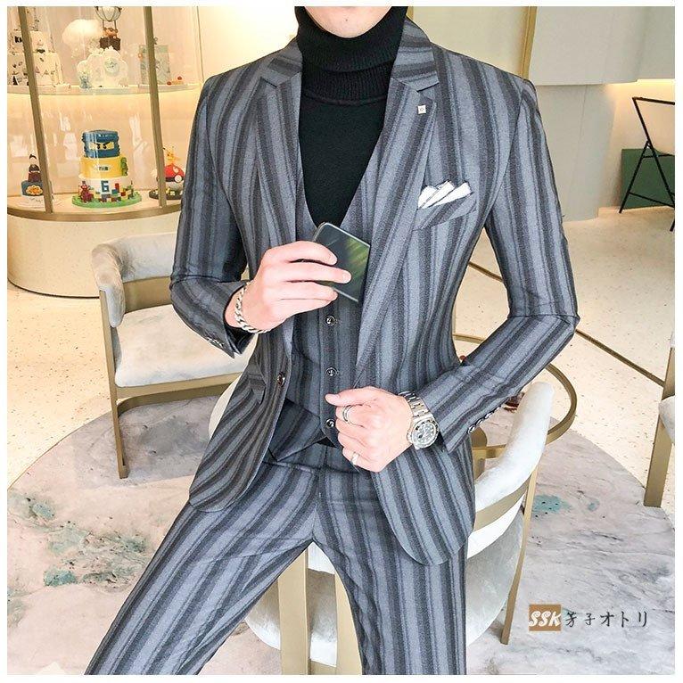 現品限り一斉値下げ カジュアルスーツ メンズ 紳士服 1つボタン 結婚式 就活 卒業式 ストライプ柄 スリムスーツ 3ピーススーツ スーツ メンズ カジュアルスーツ スリムスー 3ピーススーツ スーツ ビジネススーツ