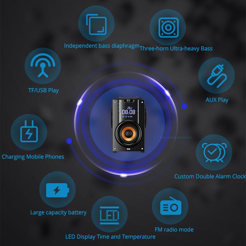 Bluetooth スピーカー 2200mAh 4.2 ワイヤレス Led ディスプレイ 3D サラウンドステレオサブウーファーのTF FM AUX カードプレーヤーラジオ｜dlo｜06