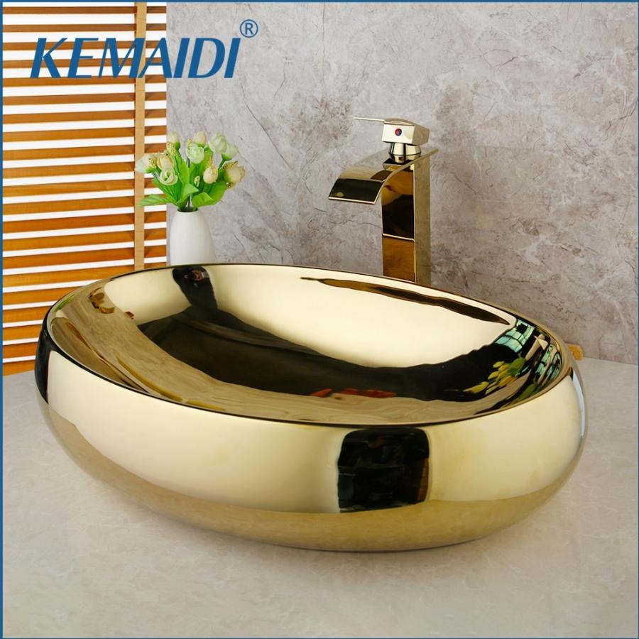 KEMAIDI ラグジュアリー セラミック 洗面所 洗面台 シンク バス コンバイン ミキサー 水栓セット ゴールデン