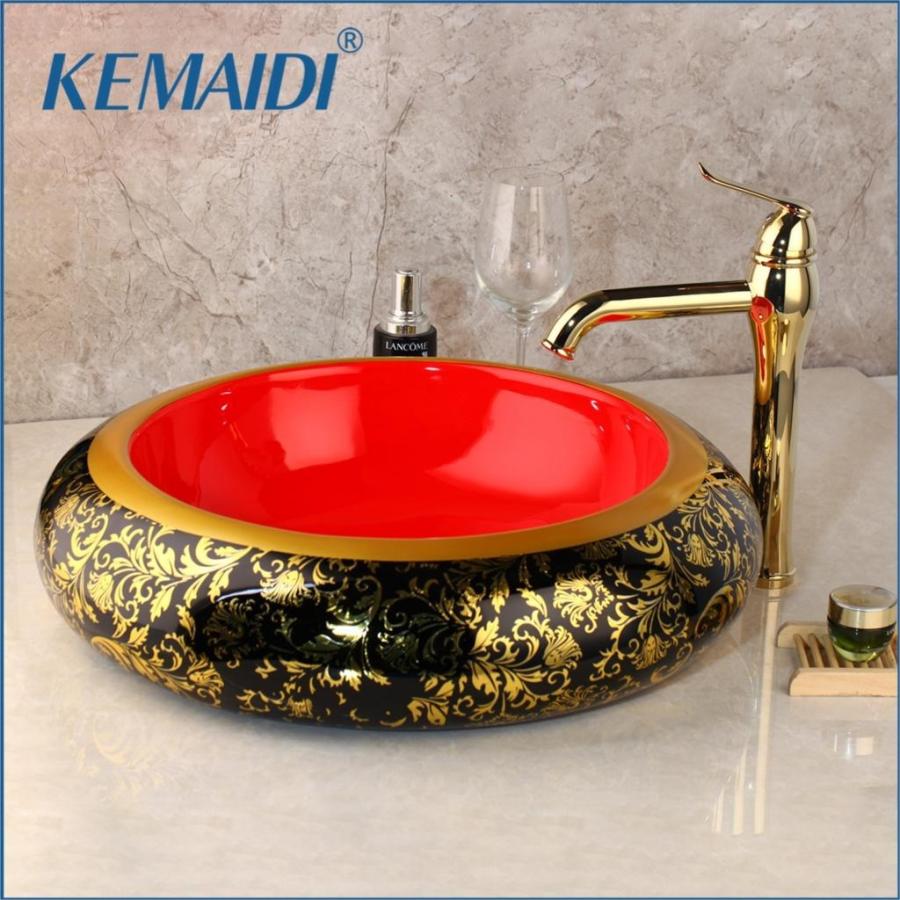 KEMAIDI　ラグジュアリー　ゴールド　ミキサータップ　シンク　洗面台　赤　バスルーム
