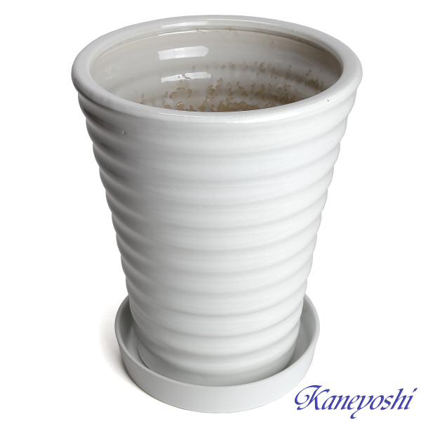 受皿付 植木鉢 縦長 8号 サイズ 鉢 陶器 白 おしゃれ 陶器鉢