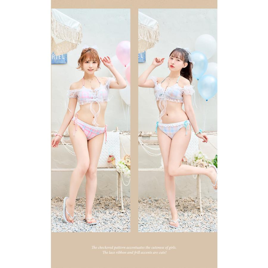 正規品]【あすつく】ビキニ 水着 ライトブルー ピンク チェック