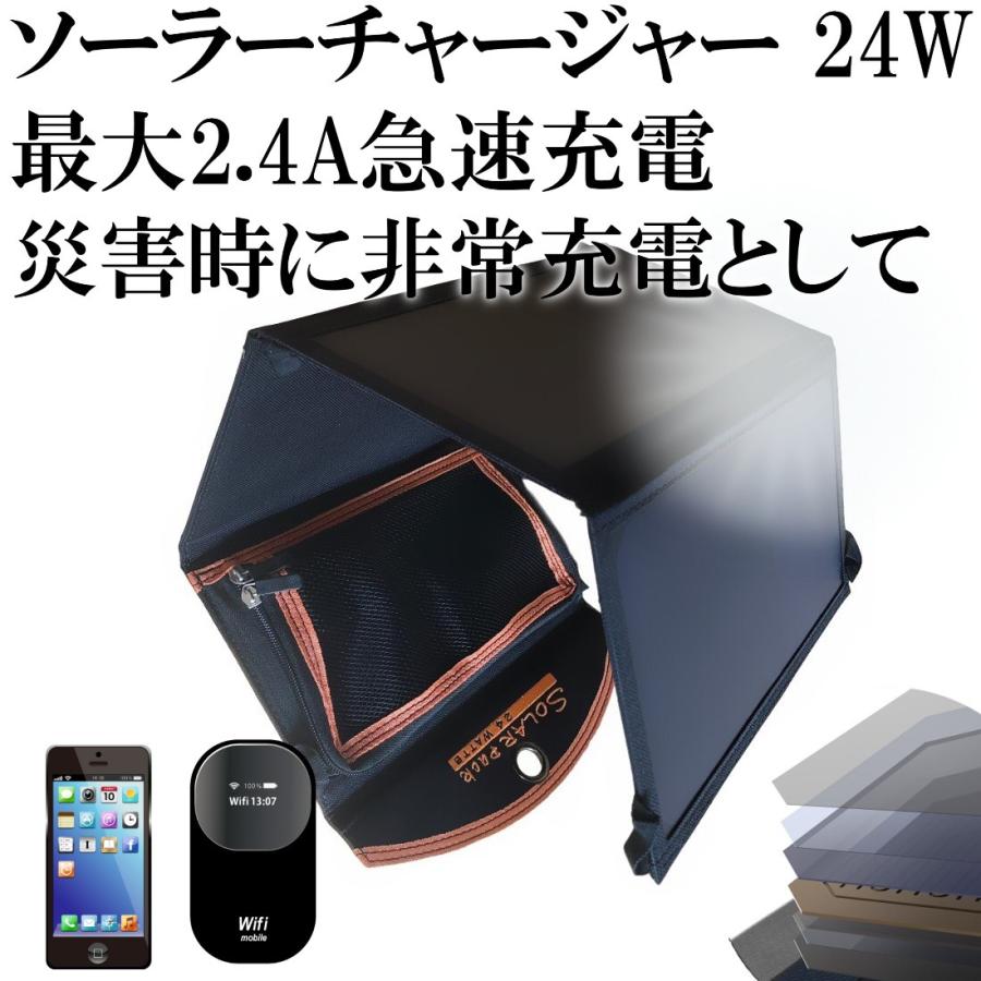 ソーラーチャージャー 24W ソーラーパネル充電器 太陽光発電 2USB