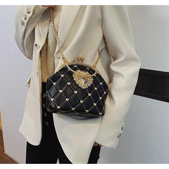 ハンドバッグ ショルダー レトロ がま口 ロリータ キルティング レザー  