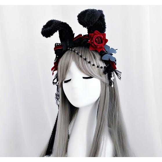 黒うさぎ カチューシャ コスプレ ゴスロリ ゴシックロリータ ベール付き ヘアアクセサリー ヘッドドレス｜dokuichigo