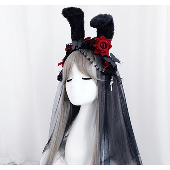 黒うさぎ カチューシャ コスプレ ゴスロリ ゴシックロリータ ベール