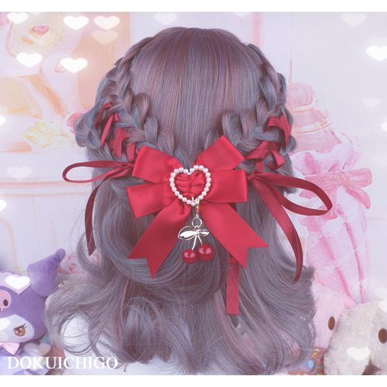 ハンドメイドマスク幼児〜低学年　リボン付き３枚セット　ハート　さくらんぼ　リボン チェリー リボン ヘアアクセサリー へアピン クリップ さくらんぼ