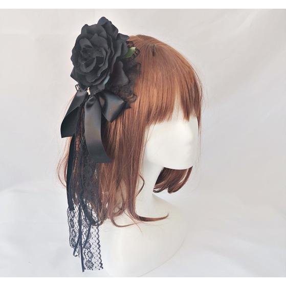 ヘッドドレス ヘアアクセサリー 薔薇 黒 レース バラ ゴスロリ