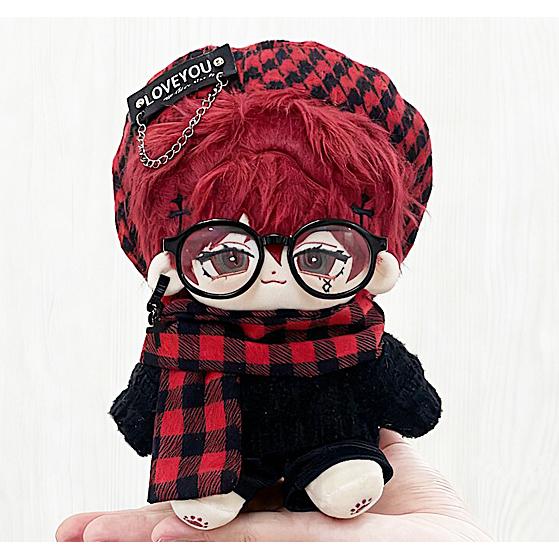 ぬい服 10cm ベレー帽 ニット レザーパンツ チェック マフラー