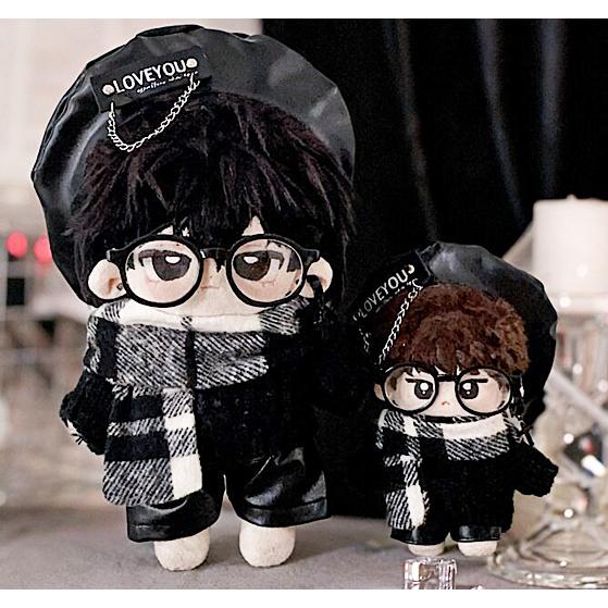 ぬい服 10cm ベレー帽 ニット レザーパンツ チェック マフラー