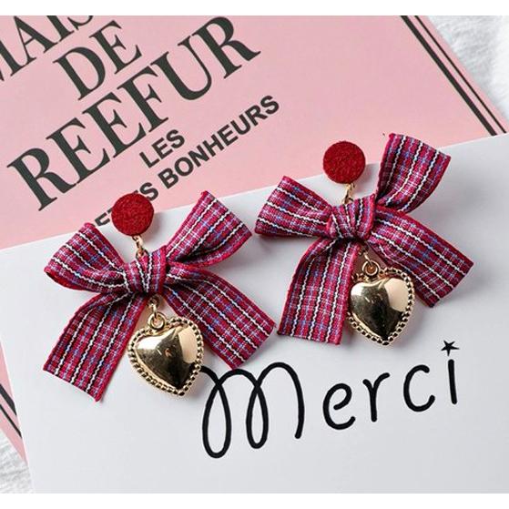 ピアス レディース 韓国 リボン りぼん チェック ビジュー 冬 : 毒