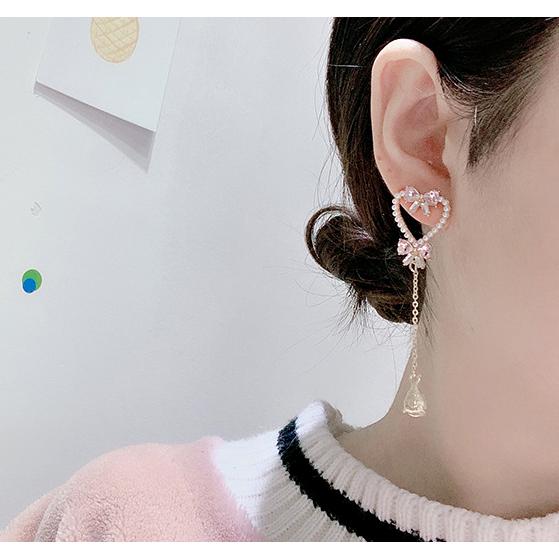 ピアス レディース 韓国 リボン ハート パール ビジュー ぶら下がり 