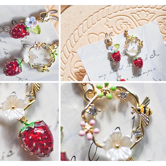 ピアス レディース メルヘン うさぎ いちご 不思議の国のアリス風