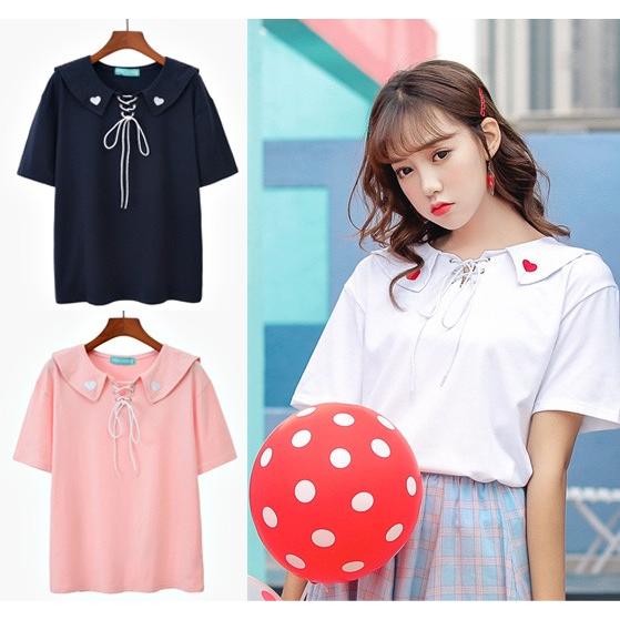 韓国ファッション レディース 半袖Tシャツ セーラー服風 トップス 制服系 襟付き ハート オルチャン 原宿 夏｜dokuichigo