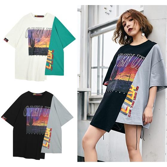 韓国ファッション 半袖 Tシャツ レディース トップス ストリート系 原宿系 バイカラー アシンメトリー 個性的 夏 Tb 321 毒いちご 通販 Yahoo ショッピング