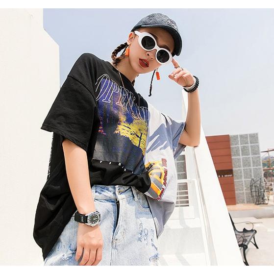 韓国ファッション 半袖 Tシャツ レディース トップス ストリート系 原宿系 バイカラー アシンメトリー 個性的 夏 Tb 321 毒いちご 通販 Yahoo ショッピング