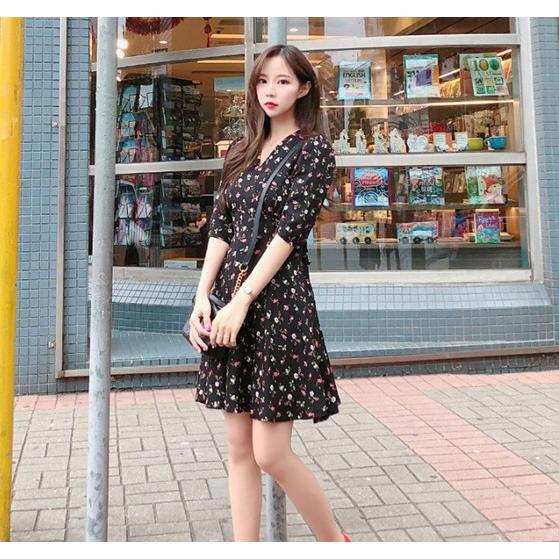 ワンピース 花柄 レディース オルチャン 韓国ファッション 五分丈 半袖 夏