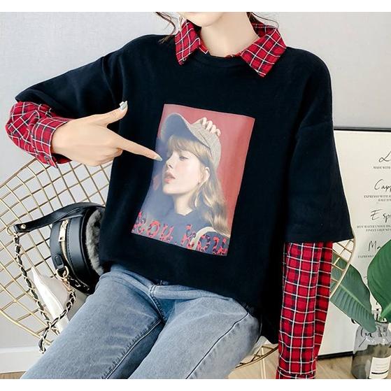 重ね着風 トップス Tシャツ トレーナー レディース 長袖 チェック柄 韓国 原宿 Tb 459 毒いちご 通販 Yahoo ショッピング