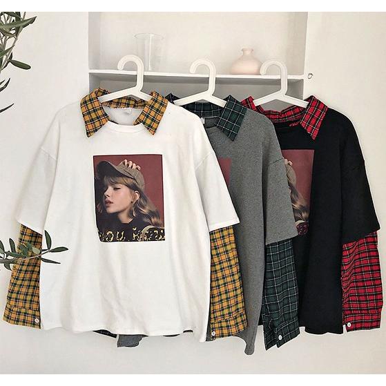 重ね着風 トップス Tシャツ トレーナー レディース 長袖 チェック柄 韓国 原宿 Tb 459 毒いちご 通販 Yahoo ショッピング