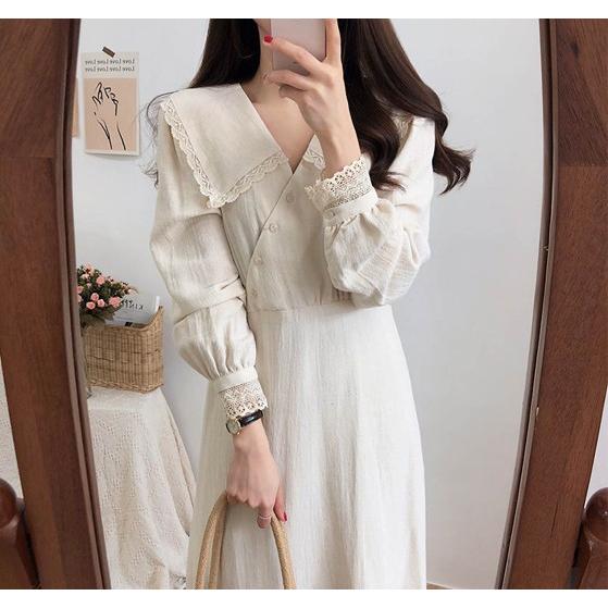 韓国ファッション ロング ワンピース レディース 長袖 レトロ