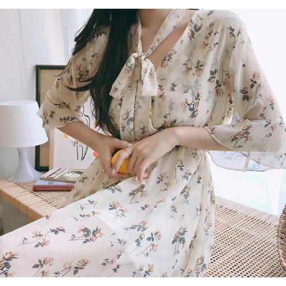 花柄 シフォン ルーズ ワンピース シアー ロング 夏 韓国 cr4377 韓国ファッション シフォン ロング ワンピース 半袖 レディース