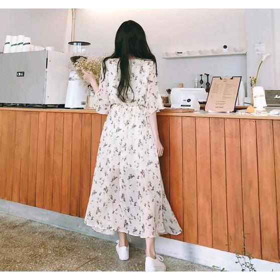 韓国ファッション シフォン ロング ワンピース 半袖 レディース 花柄 
