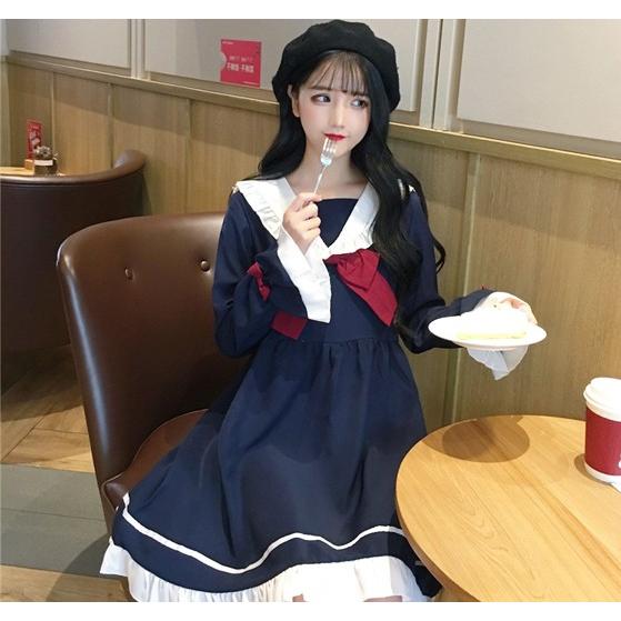 セーラー服風 ワンピース レディース 韓国ファッション 長袖 ワンピ ロリータ |  | 01