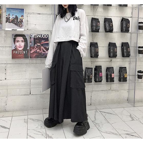 ワイドパンツ モード系 レディース カーゴ風 無地 黒 個性的 韓国 : 毒