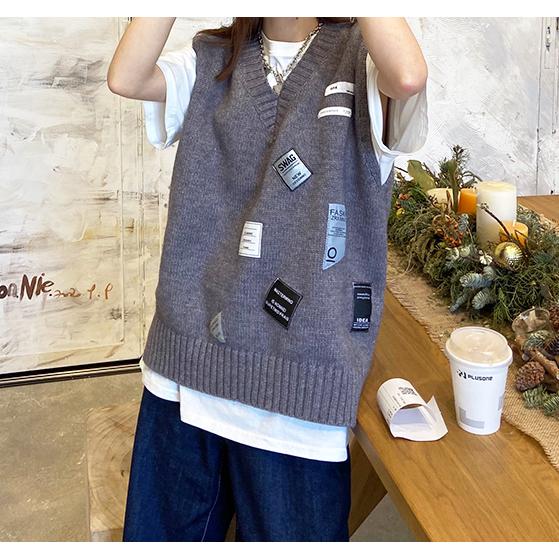ニットベスト レディース 韓国 Vネック セーター 個性的 レトロ 制服風
