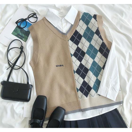 ニット ベスト レディース Vネック 韓国 原宿 ひし形 アーガイル柄