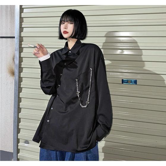 モード系 レディース アシンメトリー 韓国ファッション 黒 シャツ