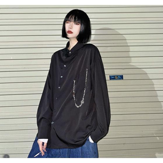 モード系 レディース アシンメトリー 韓国ファッション 黒 シャツ